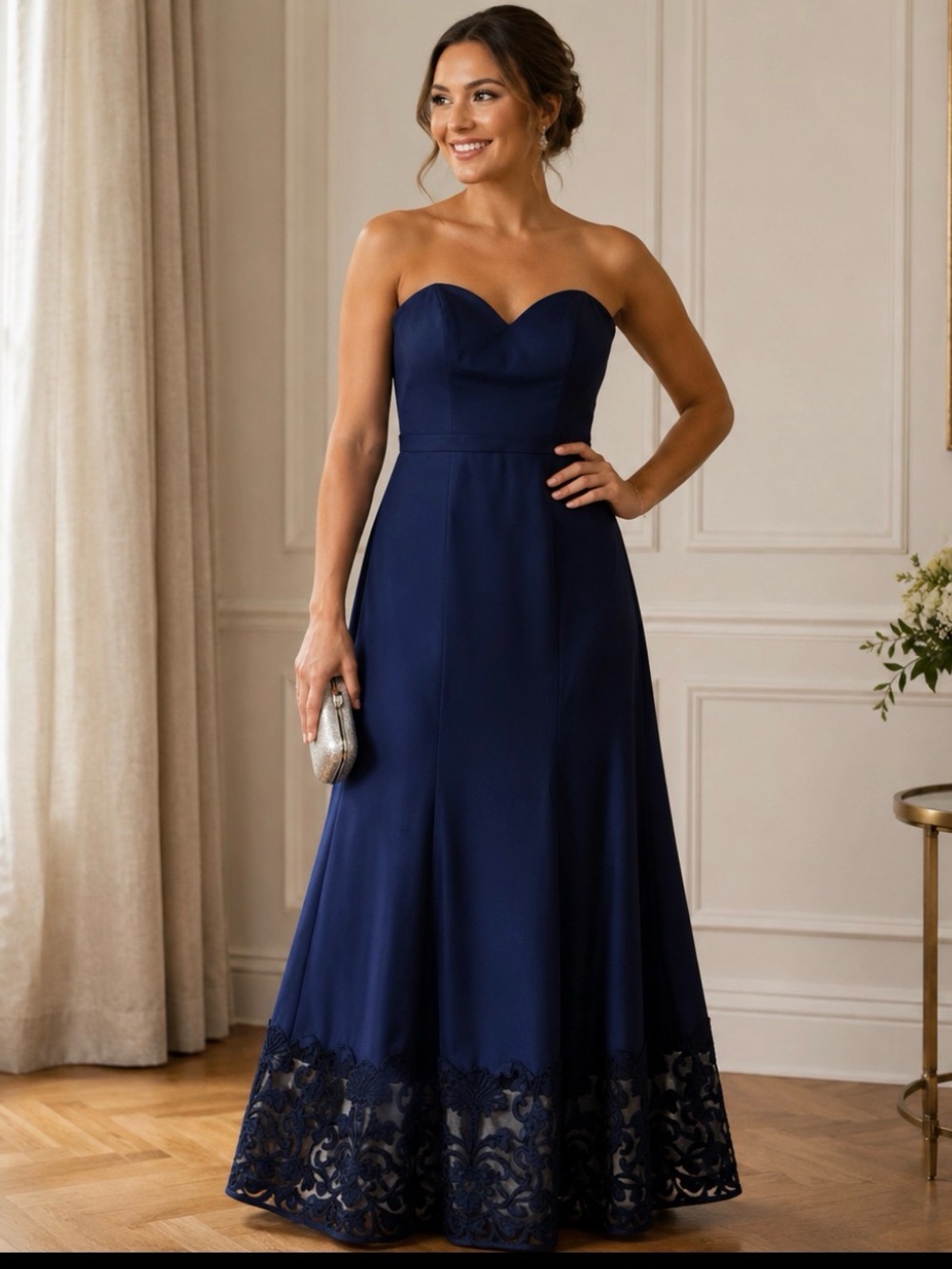 Ellie Wilde Navy Strapless Formal Gown Lace Hem Size 16 Prom Evening